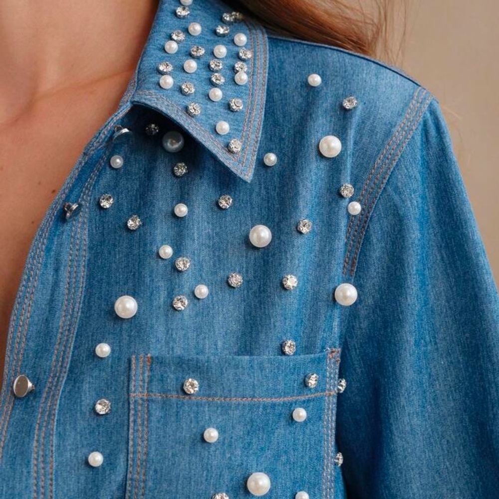 Pearl rhinestone denim shirt chambray beaded western embellished blouse bling 4